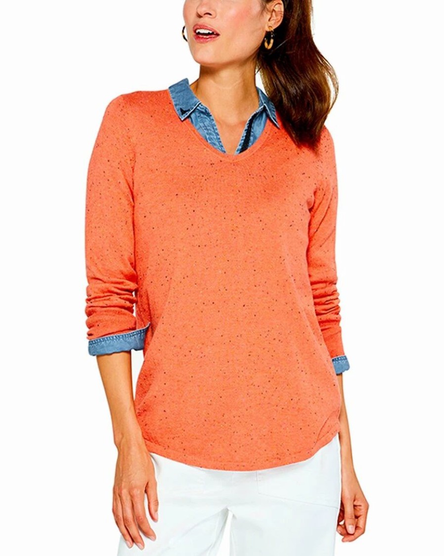 Sweaters & Knits * | Wholesale Nic+Zoe Petite Speckled Vital V-Neck Sweater Women Sweaters & Knits