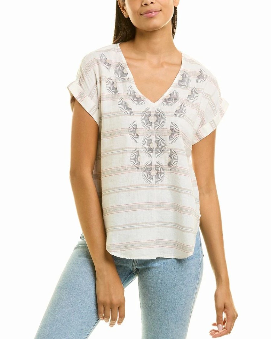 Tops * | Wholesale Nic+Zoe Petite Embroidered Stripe Linen-Blend Top Women Tops